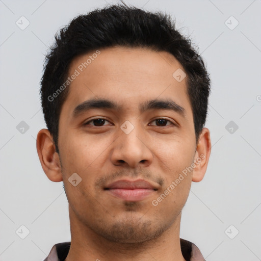 Neutral asian young-adult male with short  brown hair and brown eyes