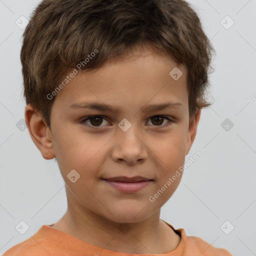 Joyful white child male with short  brown hair and brown eyes