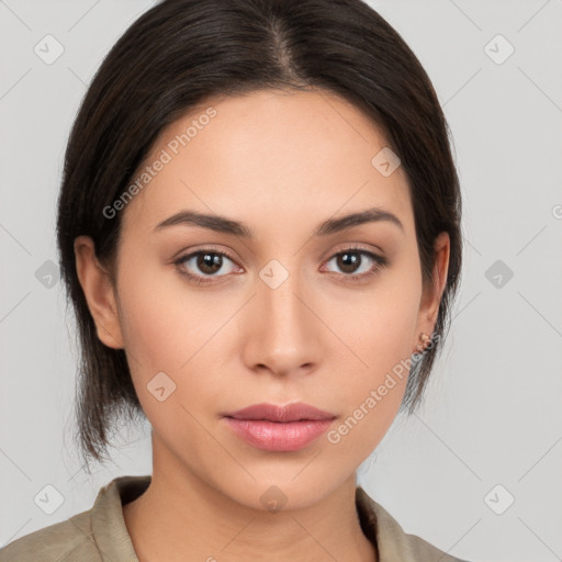 Neutral white young-adult female with medium  brown hair and brown eyes