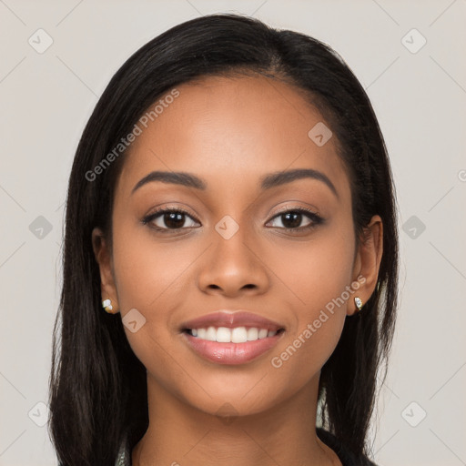 Joyful latino young-adult female with long  black hair and brown eyes