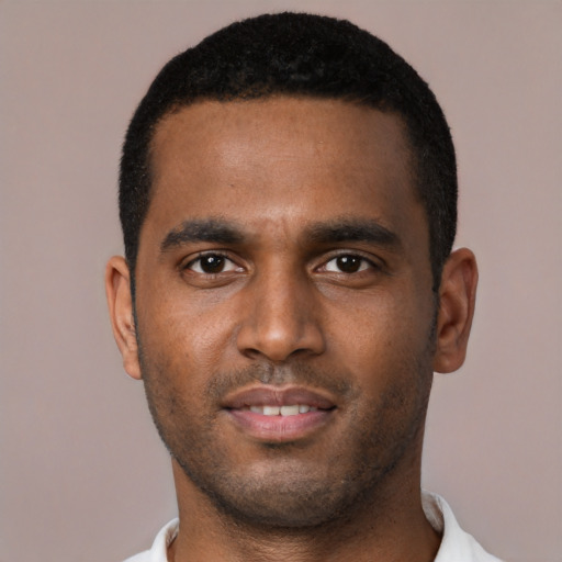 Neutral black young-adult male with short  brown hair and brown eyes