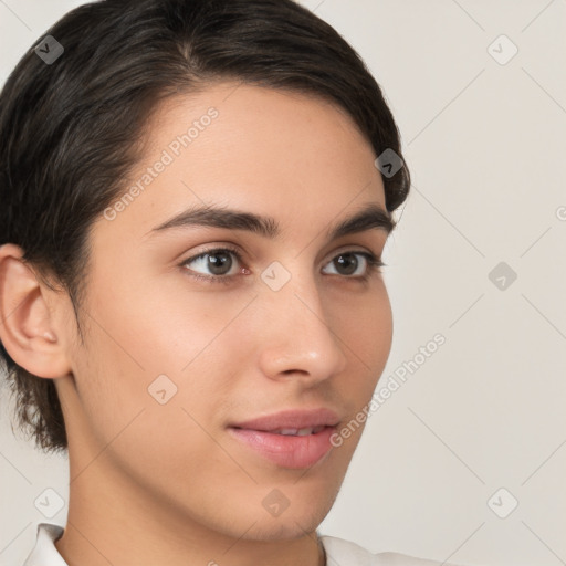 Neutral white young-adult female with medium  brown hair and brown eyes