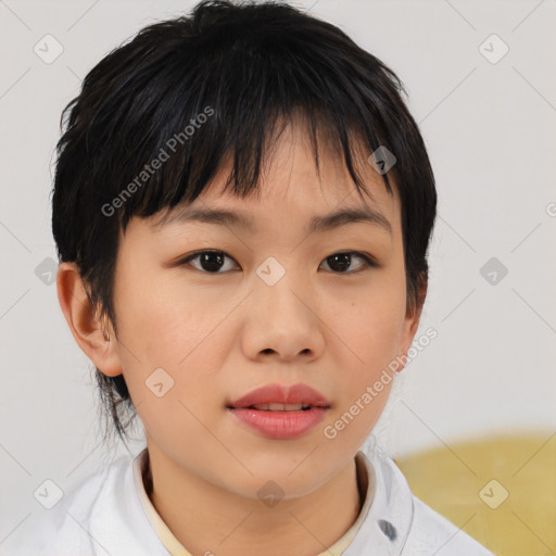 Neutral asian young-adult female with short  brown hair and brown eyes