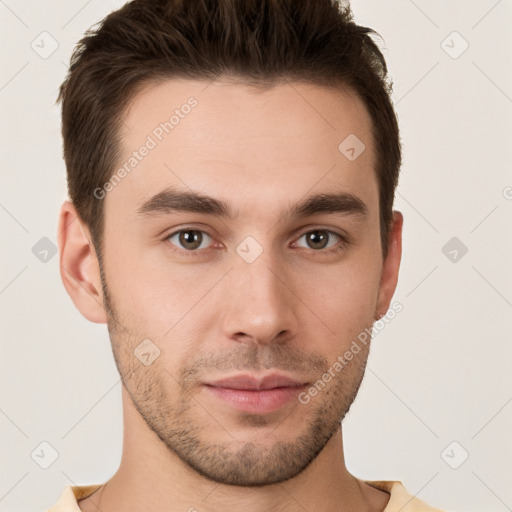 Neutral white young-adult male with short  brown hair and brown eyes