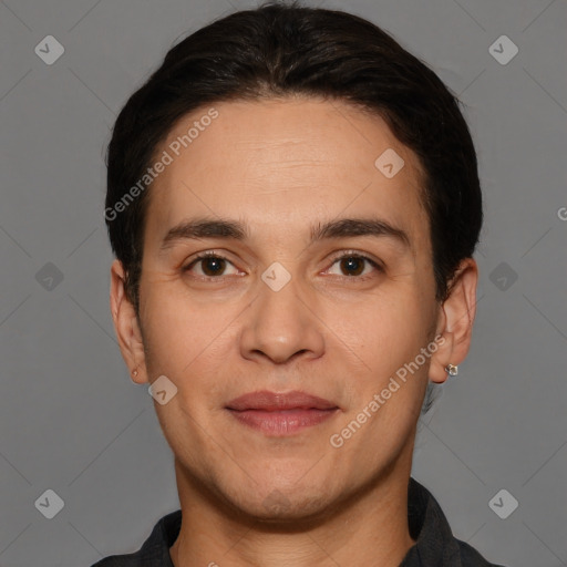 Joyful white adult male with short  brown hair and brown eyes