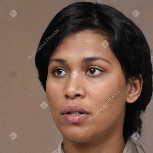 Neutral asian young-adult female with medium  black hair and brown eyes