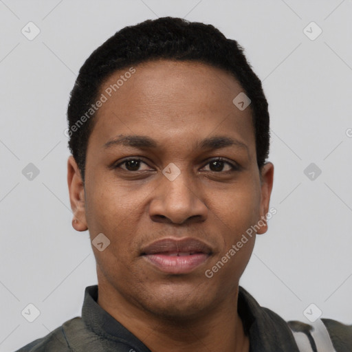 Joyful black young-adult female with short  black hair and brown eyes