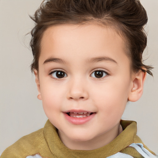 Joyful white child female with short  brown hair and brown eyes