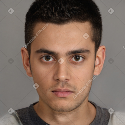 Neutral white young-adult male with short  brown hair and brown eyes