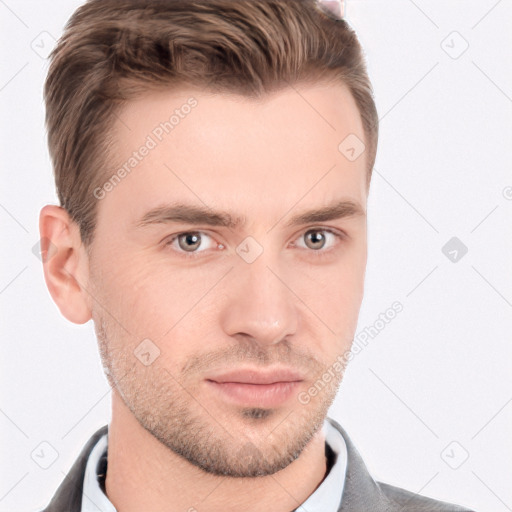 Neutral white young-adult male with short  brown hair and brown eyes