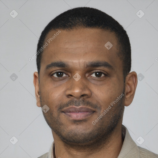 Neutral black young-adult male with short  black hair and brown eyes