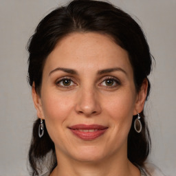 Joyful white adult female with medium  brown hair and brown eyes