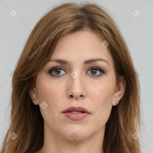 Neutral white young-adult female with long  brown hair and brown eyes