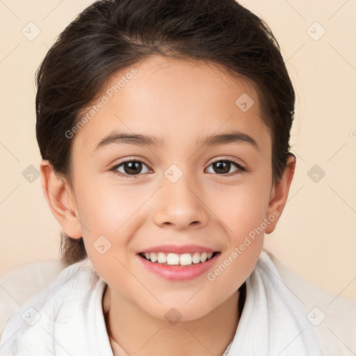 Joyful white child female with medium  brown hair and brown eyes