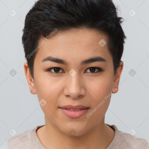Joyful asian young-adult female with short  brown hair and brown eyes