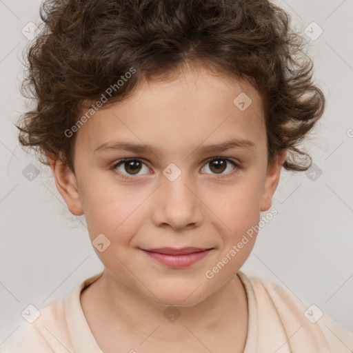 Joyful white child female with short  brown hair and brown eyes