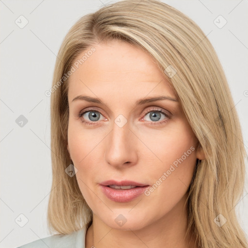 Neutral white young-adult female with long  brown hair and blue eyes