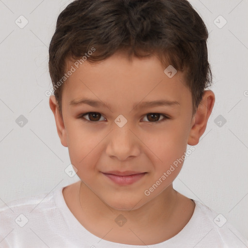 Joyful white child male with short  brown hair and brown eyes