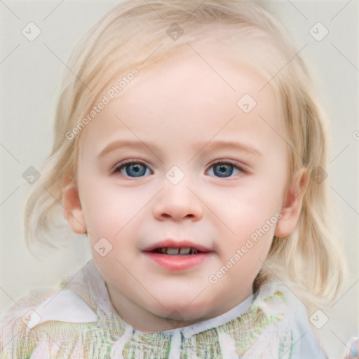 Joyful white child female with medium  brown hair and blue eyes