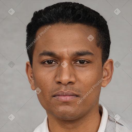 Neutral latino young-adult male with short  black hair and brown eyes