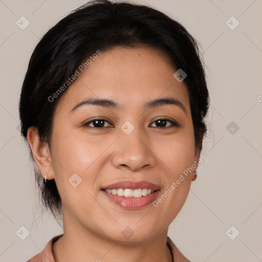 Joyful white young-adult female with medium  brown hair and brown eyes