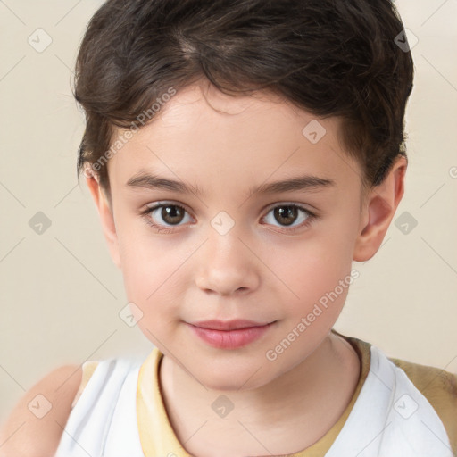 Joyful white child female with short  brown hair and brown eyes