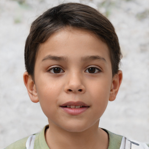 Joyful white child female with short  brown hair and brown eyes