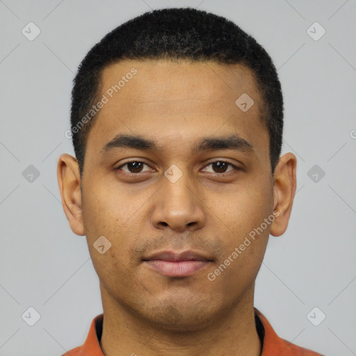 Neutral latino young-adult male with short  black hair and brown eyes