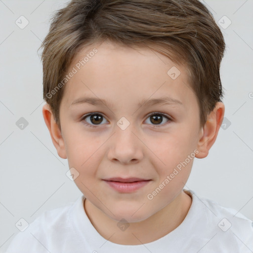 Joyful white child female with short  brown hair and brown eyes