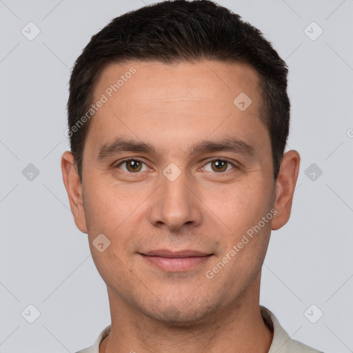 Joyful white young-adult male with short  brown hair and brown eyes