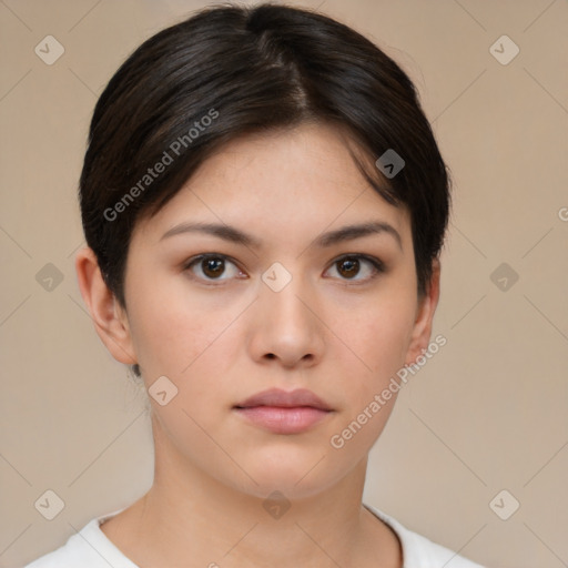 Neutral white young-adult female with short  brown hair and brown eyes