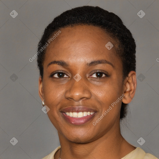 Joyful latino young-adult female with short  black hair and brown eyes