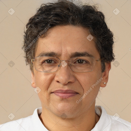 Joyful white middle-aged male with short  brown hair and brown eyes