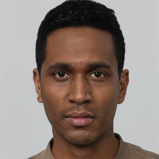 Neutral black young-adult male with short  black hair and brown eyes