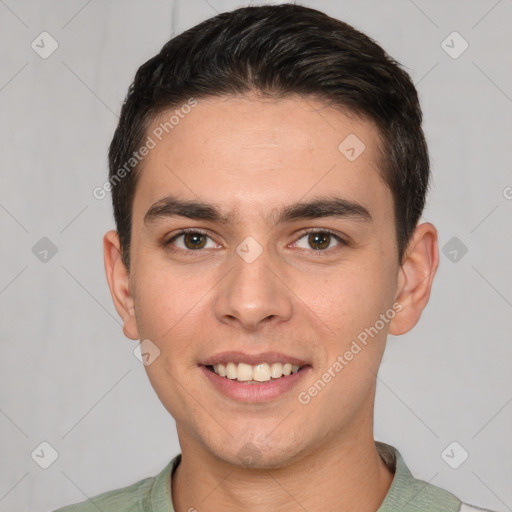 Joyful white young-adult male with short  brown hair and brown eyes