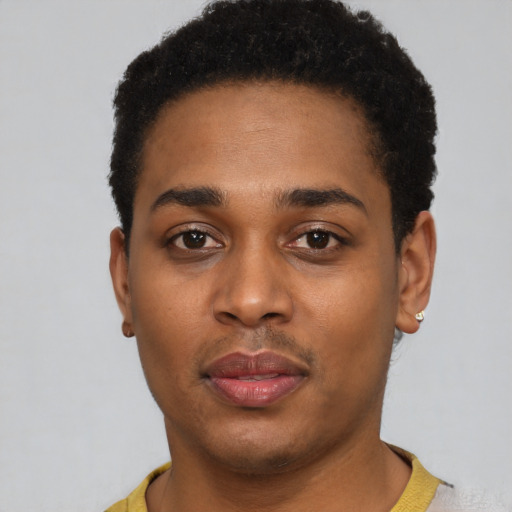 Neutral black young-adult female with short  black hair and brown eyes