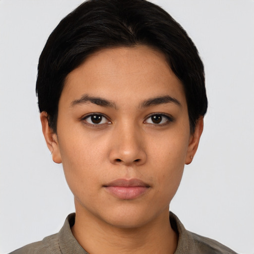 Neutral latino young-adult female with short  black hair and brown eyes