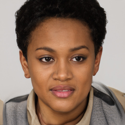 Joyful black young-adult female with short  brown hair and brown eyes