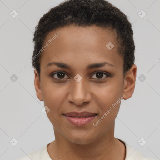 Joyful black young-adult female with short  brown hair and brown eyes