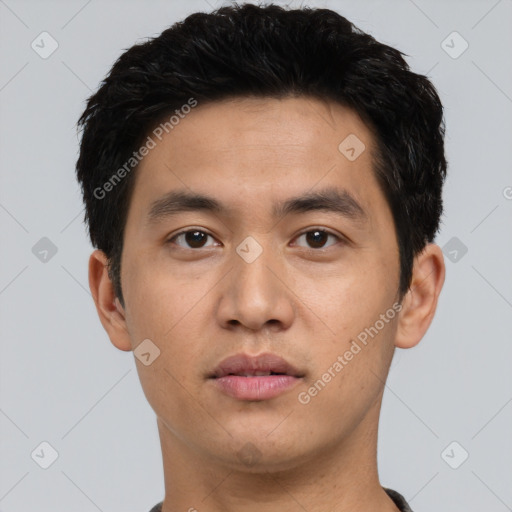 Neutral asian young-adult male with short  black hair and brown eyes