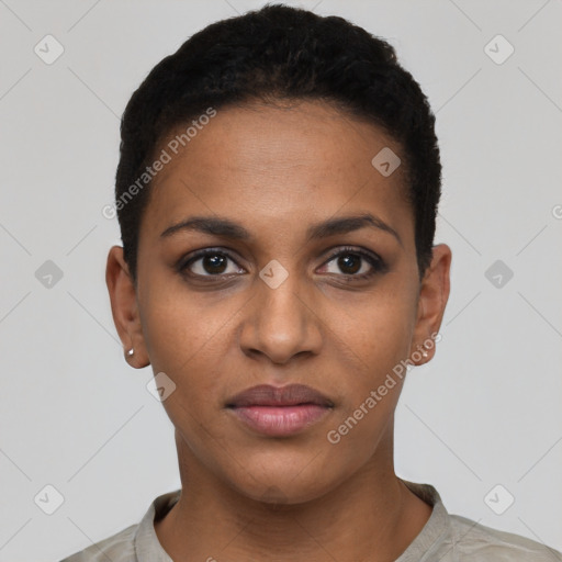 Neutral black young-adult female with short  black hair and brown eyes