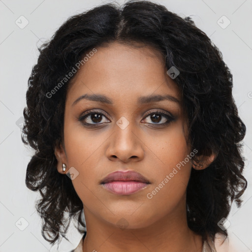 Neutral black young-adult female with long  brown hair and brown eyes