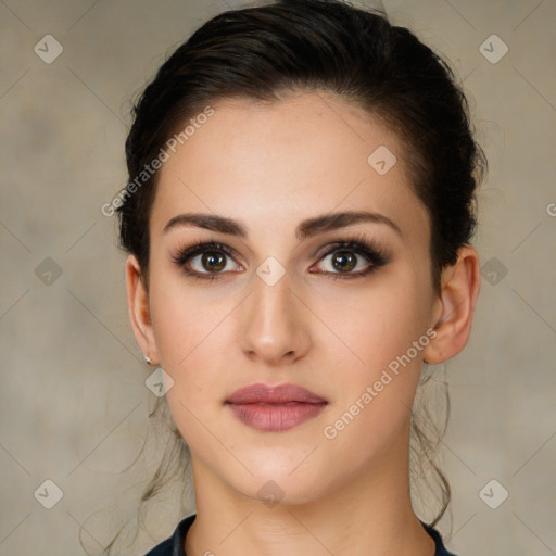 Neutral white young-adult female with medium  brown hair and brown eyes