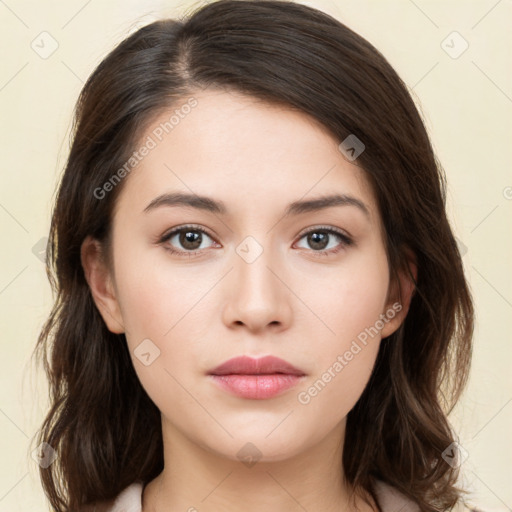 Neutral white young-adult female with medium  brown hair and brown eyes