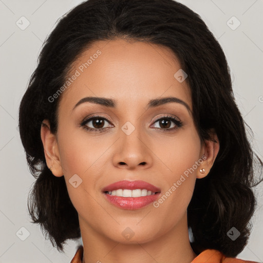 Joyful white young-adult female with long  black hair and brown eyes