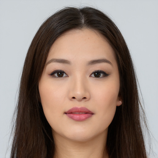 Neutral asian young-adult female with long  brown hair and brown eyes