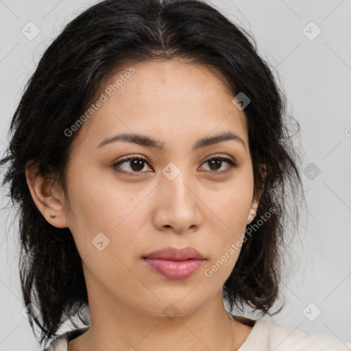 Neutral latino young-adult female with medium  brown hair and brown eyes