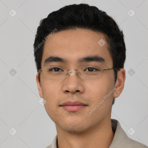 Neutral asian young-adult male with short  black hair and brown eyes