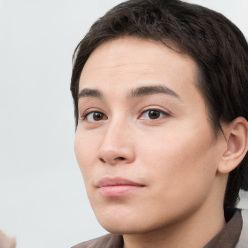 Neutral white young-adult female with short  brown hair and brown eyes