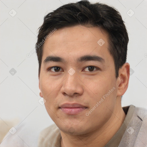 Neutral asian young-adult male with short  black hair and brown eyes